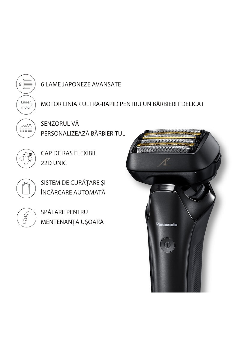 Panasonic Aparat de ras 6 lame "Japanese Blade Technology" Trimmer Senzor pentru barba 50min autonomie Li-Ion Wet & Dry Cap Flexibil 22D Cutie de transport Negru - Pled.ro