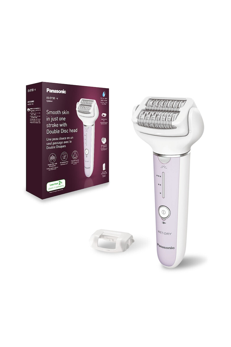 Panasonic Epilator Wet & Dry Cordless 2discuri & 60 pensete Senzor presiune Discuri duble Cap flexibil si pivotant la 90° 3 viteze Alb/Mov - Pled.ro