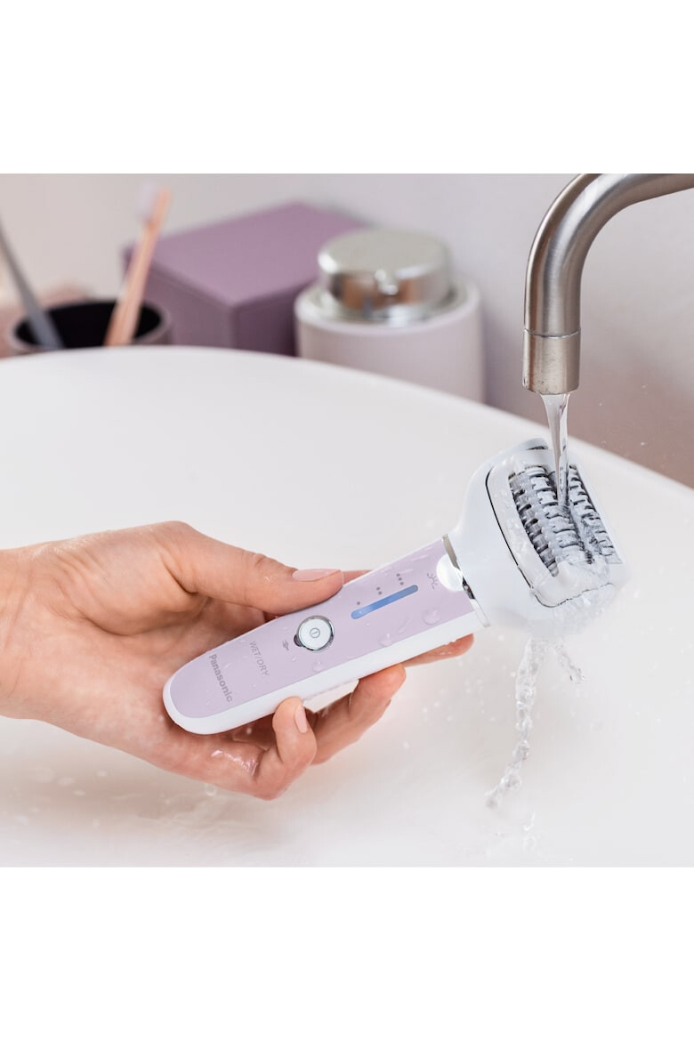 Panasonic Epilator Wet & Dry Cordless 2discuri & 60 pensete Senzor presiune Discuri duble Cap flexibil si pivotant la 90° 3 viteze Alb/Mov - Pled.ro