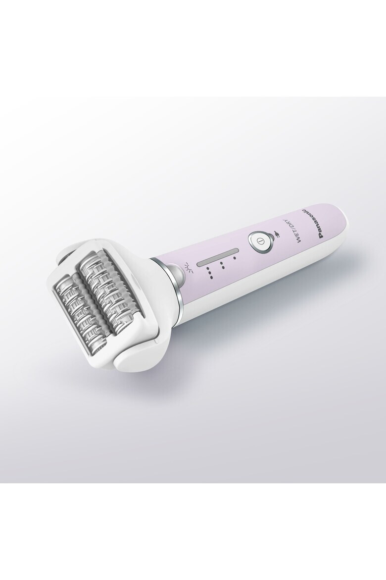 Panasonic Epilator Wet & Dry Cordless 2discuri & 60 pensete Senzor presiune Discuri duble Cap flexibil si pivotant la 90° 3 viteze Alb/Mov - Pled.ro