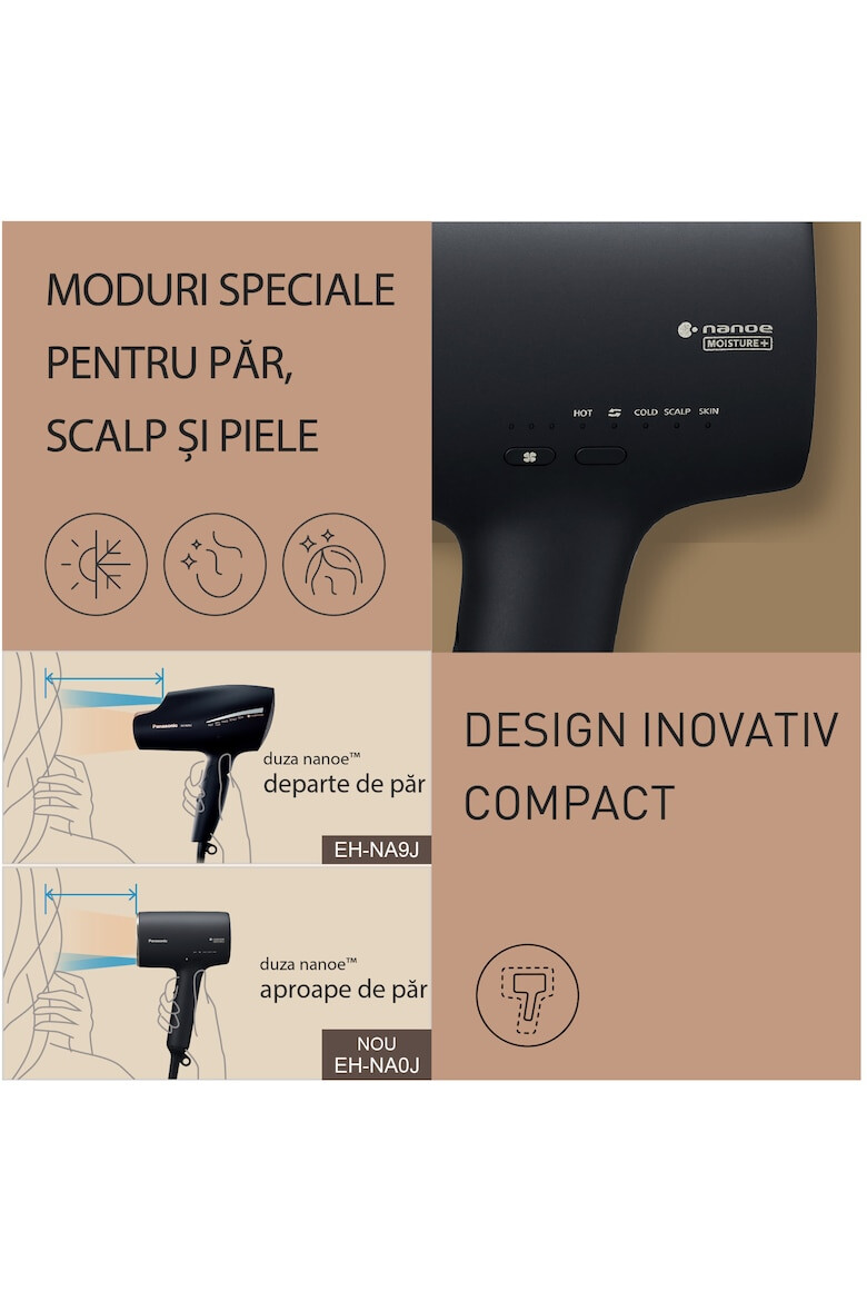 Panasonic Uscator de par cu nanoe™ MOISTURE+ si Ioni Minerali detectie si reglare automata a temperaturii 1600W 4 moduri de utilizare si 3 trepte de reglare flux aer negru - Pled.ro