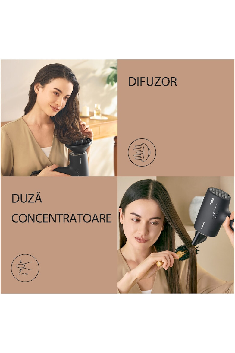 Panasonic Uscator de par cu nanoe™ MOISTURE+ si Ioni Minerali detectie si reglare automata a temperaturii 1600W 4 moduri de utilizare si 3 trepte de reglare flux aer negru - Pled.ro