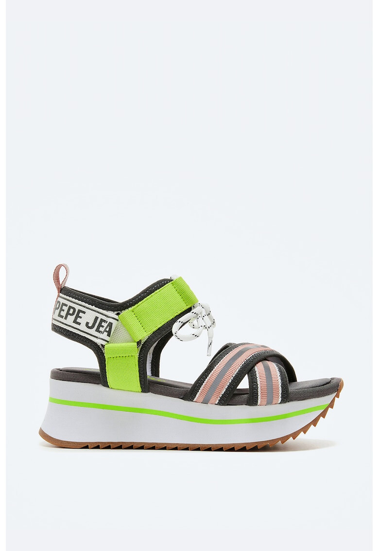 Pepe Jeans London Sandale cu talpa wedge inchidere velcro si model colorblock - Pled.ro