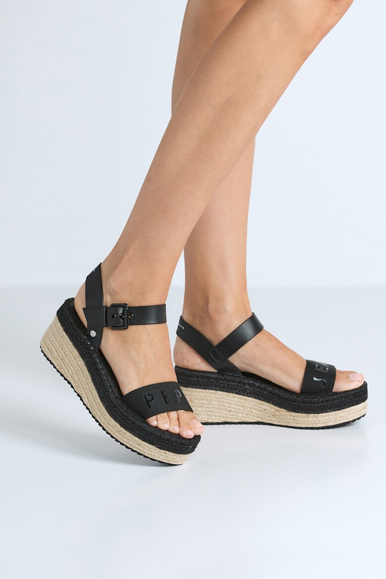 Pepe Jeans London Sandale din piele ecologica si material textil cu talpa wedge - Pled.ro