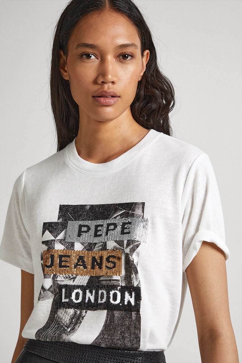 Pepe Jeans London Tricou cu decolteu la baza gatului logo si paiete - Pled.ro