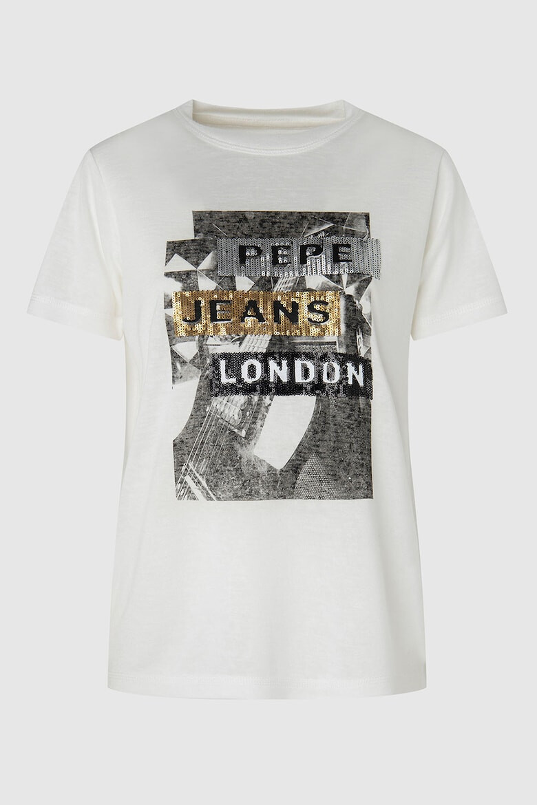 Pepe Jeans London Tricou cu decolteu la baza gatului logo si paiete - Pled.ro