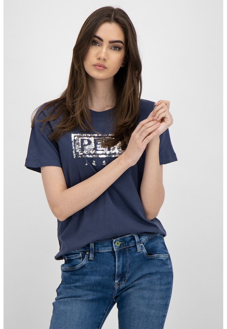 Pepe Jeans London Tricou cu decolteu la baza gatului si aplicatii cu paiete Charis - Pled.ro