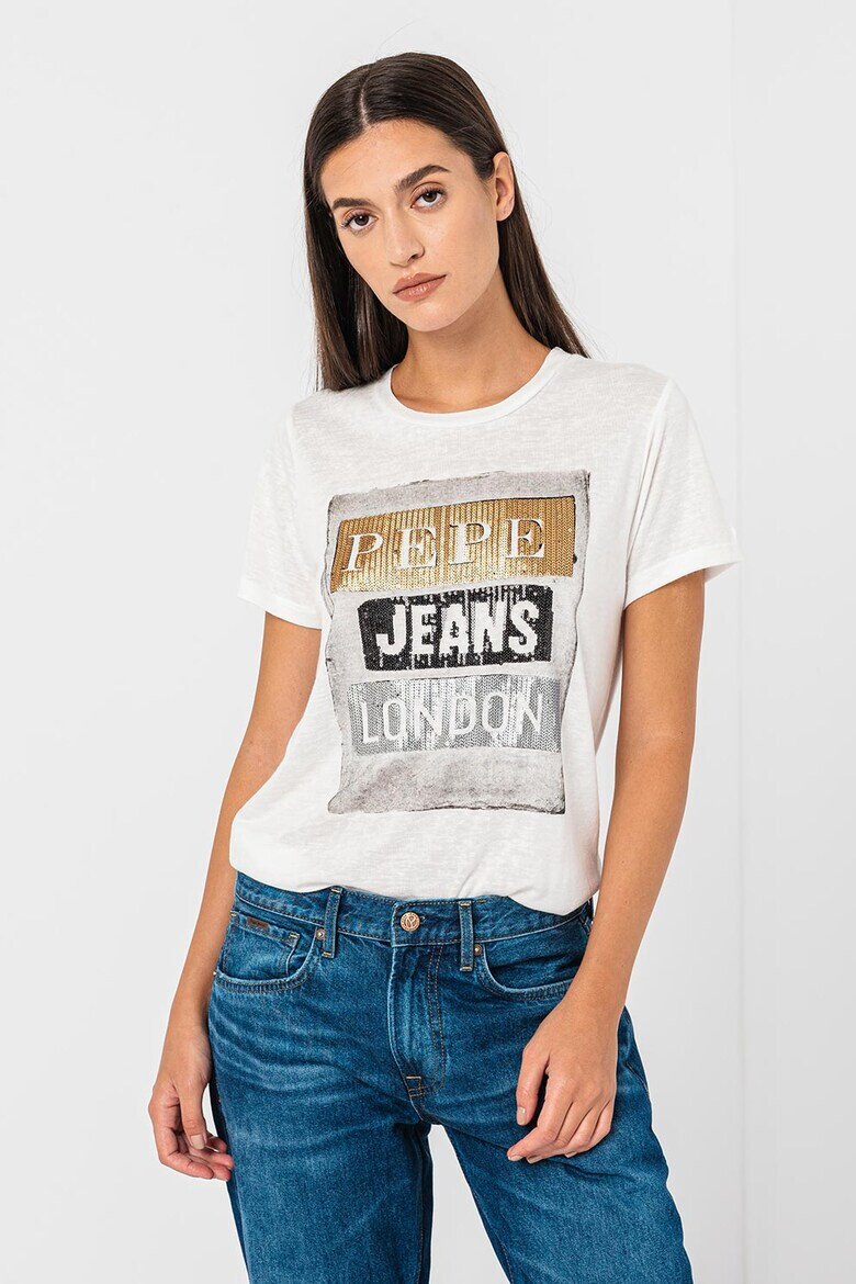 Pepe Jeans London Tricou cu decolteu la baza gatului si aplicatii cu paiete Tyler - Pled.ro