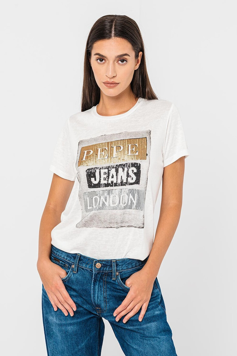 Pepe Jeans London Tricou cu decolteu la baza gatului si aplicatii cu paiete Tyler - Pled.ro