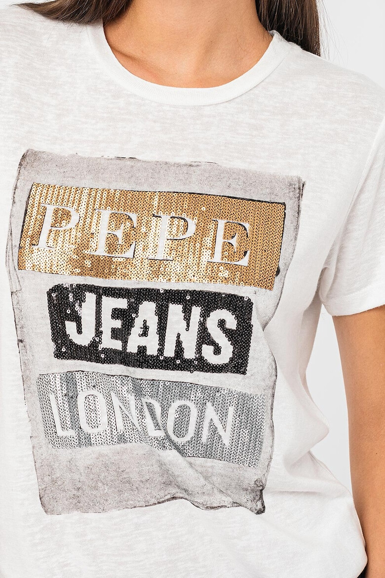 Pepe Jeans London Tricou cu decolteu la baza gatului si aplicatii cu paiete Tyler - Pled.ro