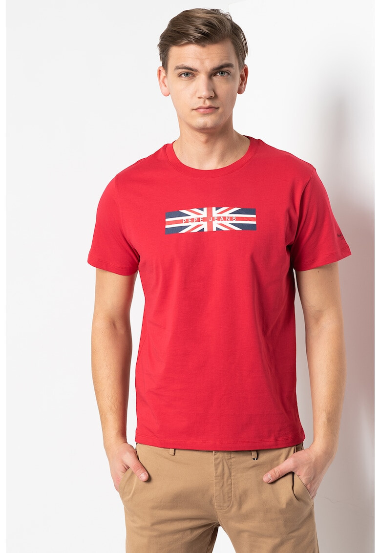 Pepe Jeans London Tricou cu decolteu la baza gatului si imprimeu steag UK Caleb - Pled.ro