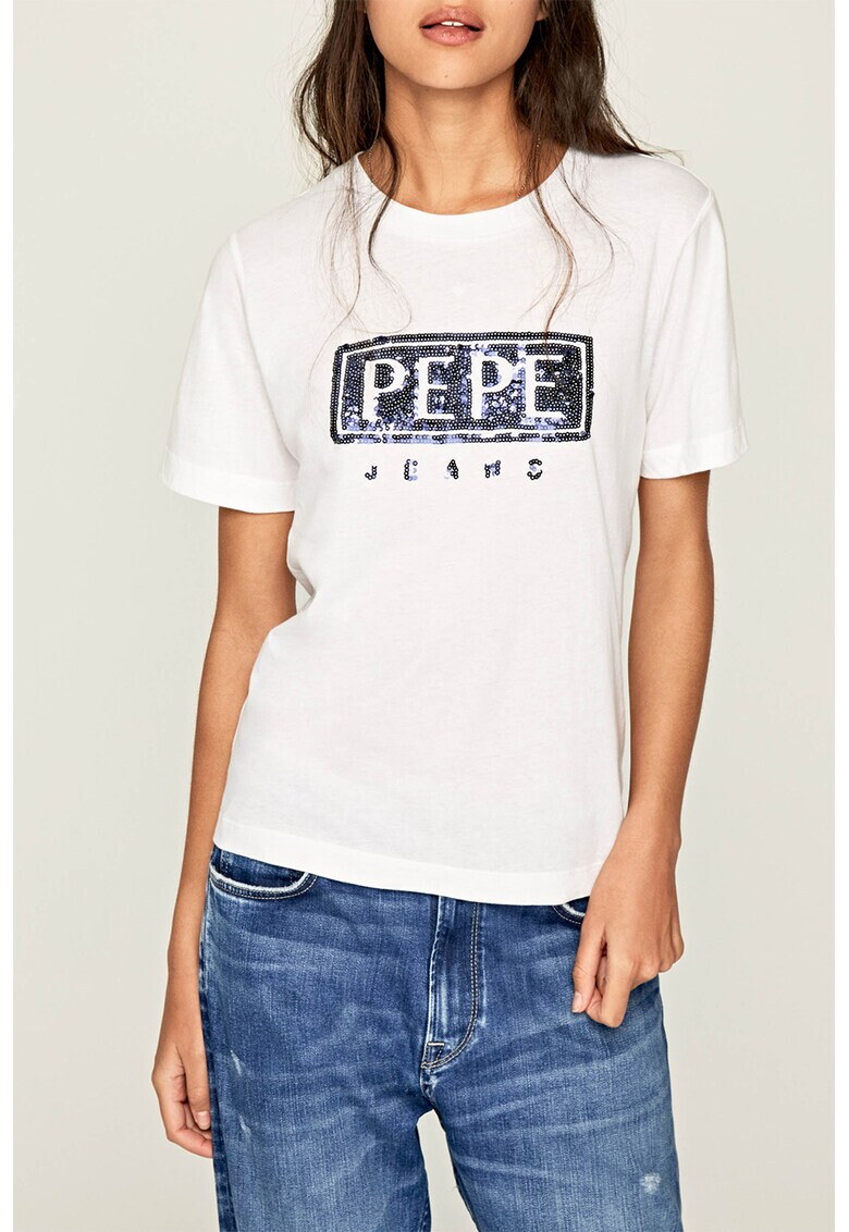 Pepe Jeans London Tricou cu decolteu la baza gatului si aplicatii cu paiete Charis - Pled.ro