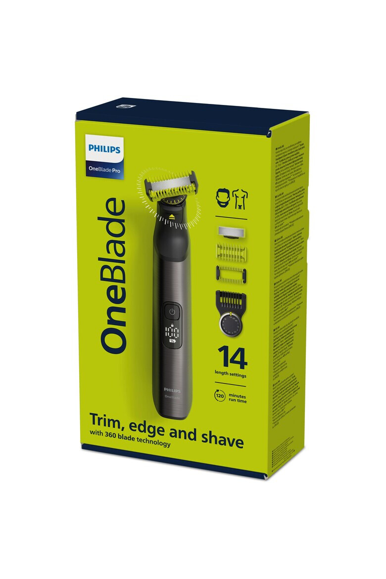 Philips Aparat hibrid de barbierit tuns barba si parul corporal OneBlade Pro QP6551/17 pieptene 14 lungimi lama inovatoare 360 cu 2 taisuri afisaj digital LED pieptene corp reincarcabilautonomie 120 min umed si uscat husasuport de incarcareCrom - Pled.ro