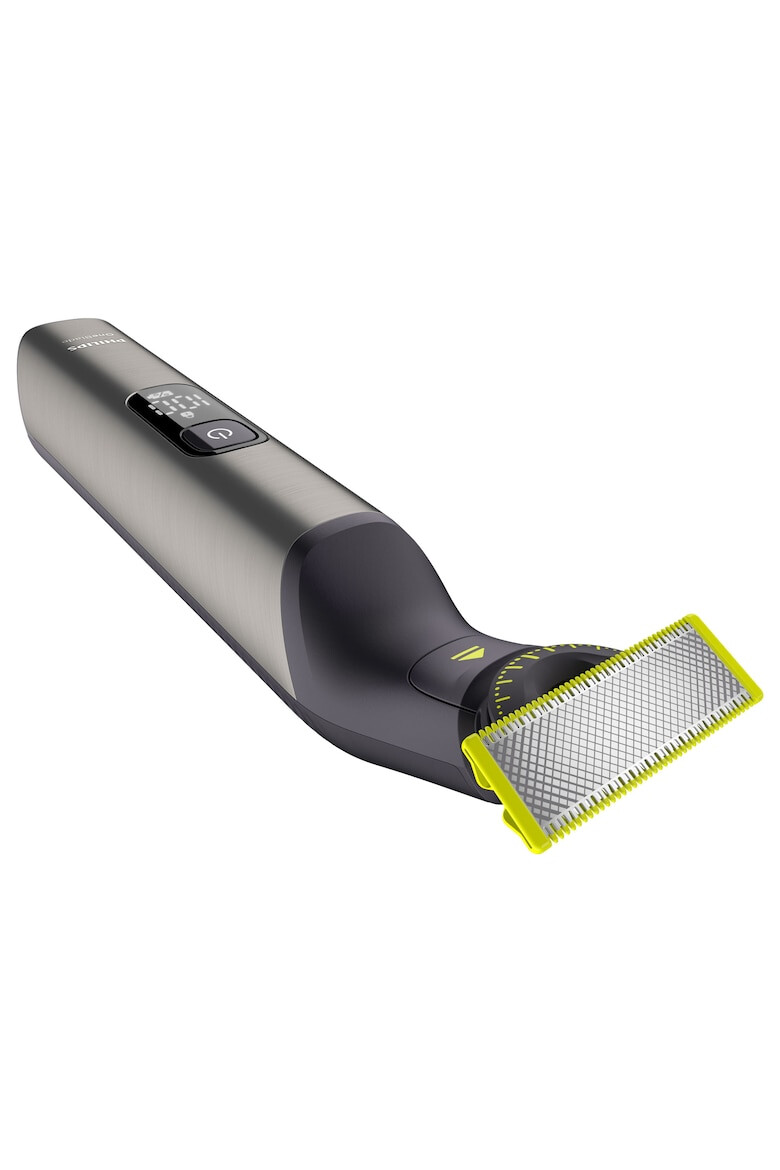 Philips Aparat hibrid de barbierit tuns barba si parul corporal OneBlade Pro QP6551/30 pieptene cu 14 lungimi lama inovatoare 360 cu 2 taisuri afisaj digital LED pieptene corp reincarcabil autonomie 120 min umed si uscat husa Crom - Pled.ro