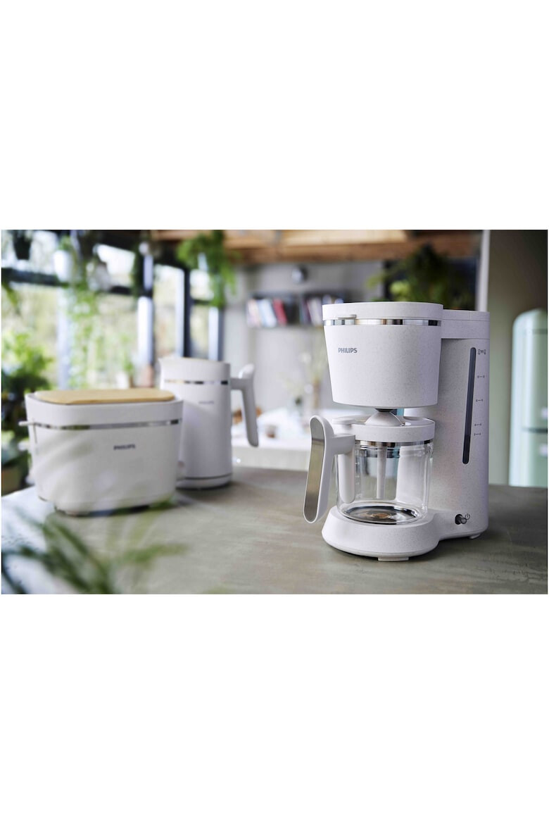 Philips Cafetiera HD5120/00 Conscious Collection Corp plastic reciclat pe bază bio Aroma Twister 1.2 L Timp preparare vas plin 10 min Oprire automată Opritor de picurare Capac detașabil și vas de sticla Indicator de nivel al apei - Pled.ro