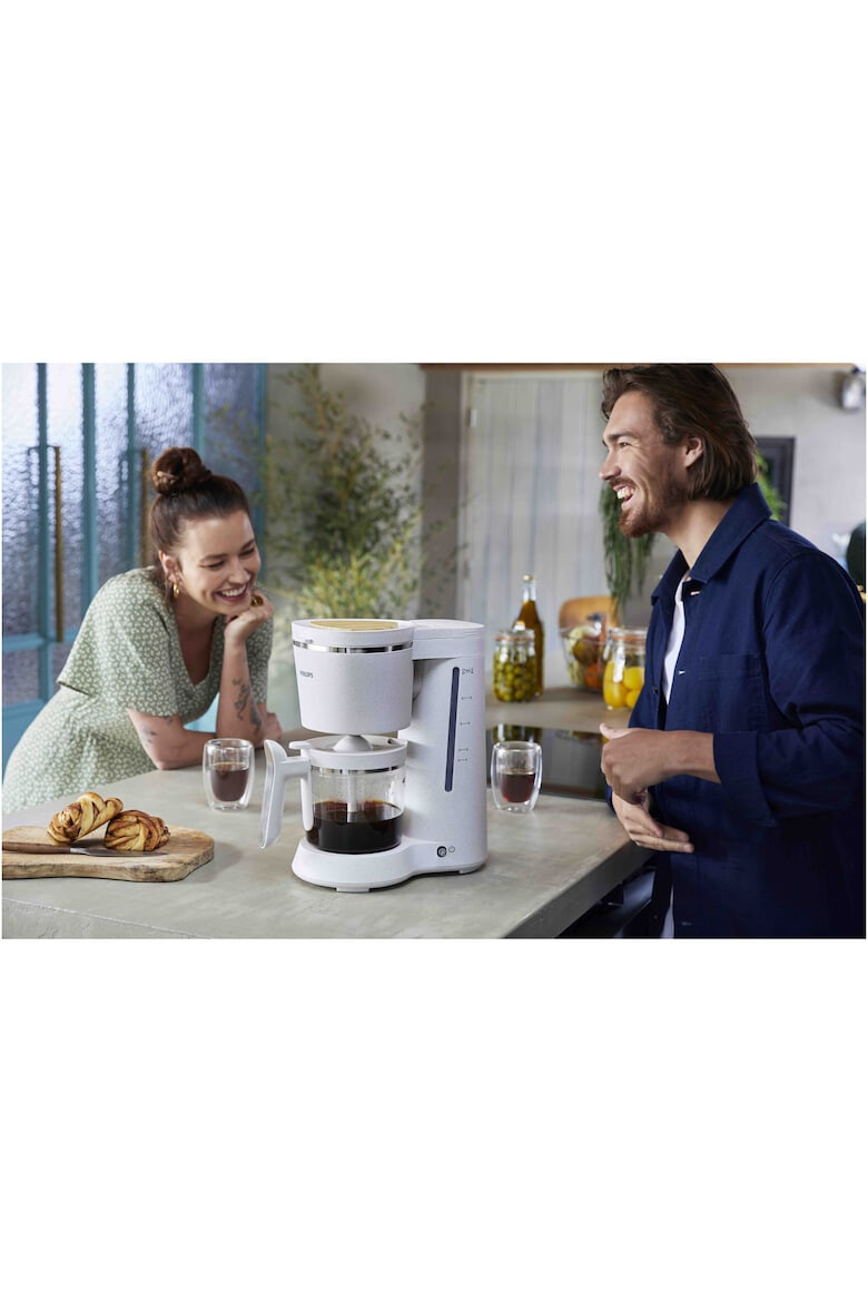 Philips Cafetiera HD5120/00 Conscious Collection Corp plastic reciclat pe bază bio Aroma Twister 1.2 L Timp preparare vas plin 10 min Oprire automată Opritor de picurare Capac detașabil și vas de sticla Indicator de nivel al apei - Pled.ro