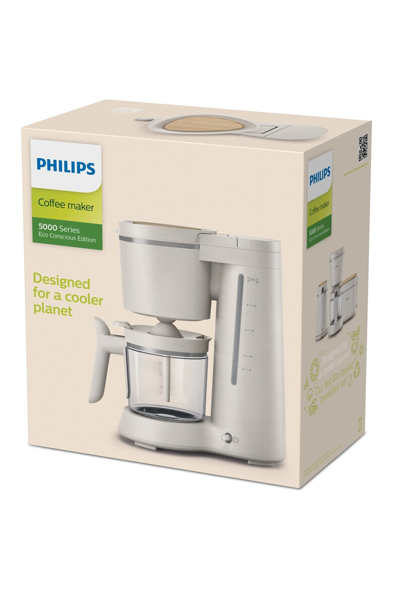 Philips Cafetiera HD5120/00 Conscious Collection Corp plastic reciclat pe bază bio Aroma Twister 1.2 L Timp preparare vas plin 10 min Oprire automată Opritor de picurare Capac detașabil și vas de sticla Indicator de nivel al apei - Pled.ro