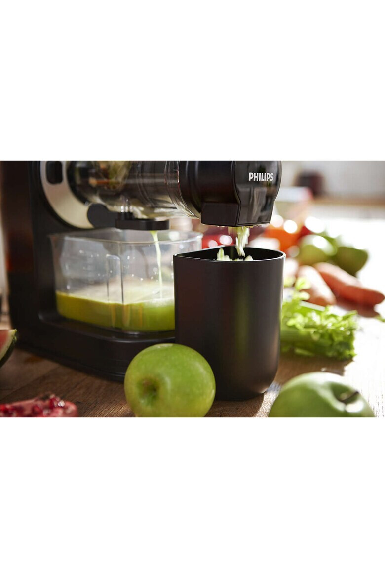 Philips Storcator de fructe si legume prin presare la rece Viva Collection HR1889/70 150W tub de alimentare XL de 70mm Recipient suc 1 l Recipient pulpa 0.75 l Tehnologie QuickClean Negru - Pled.ro