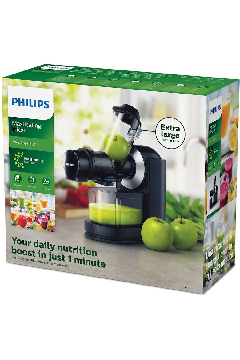 Philips Storcator de fructe si legume prin presare la rece Viva Collection HR1889/70 150W tub de alimentare XL de 70mm Recipient suc 1 l Recipient pulpa 0.75 l Tehnologie QuickClean Negru - Pled.ro