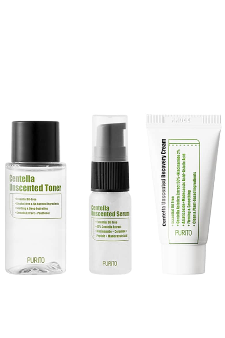 Purito Kit de mini produse cu Centella fara parfum: Toner 30 ml + Ser 15 ml + Crema de fata 12 ml - Pled.ro