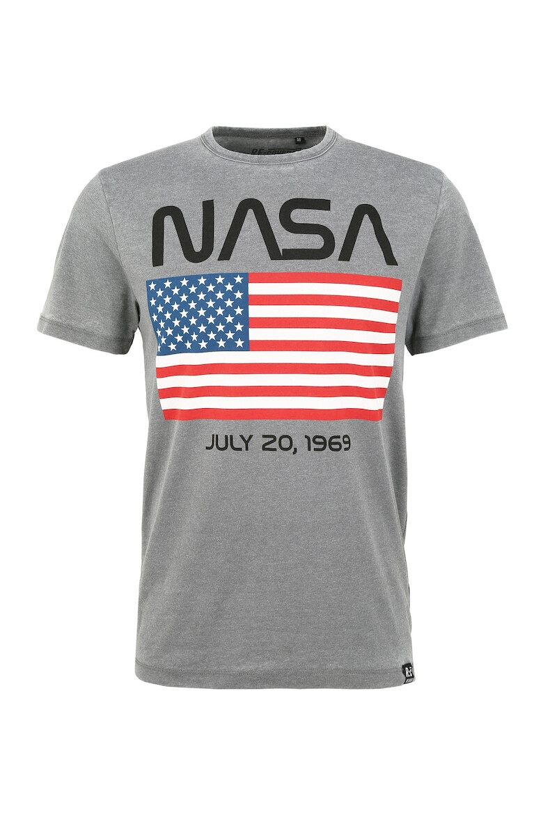 Recovered Tricou de bumbac cu decolteu la baza gatului NASA Moon Landing Date USA Flag 5377 - Pled.ro