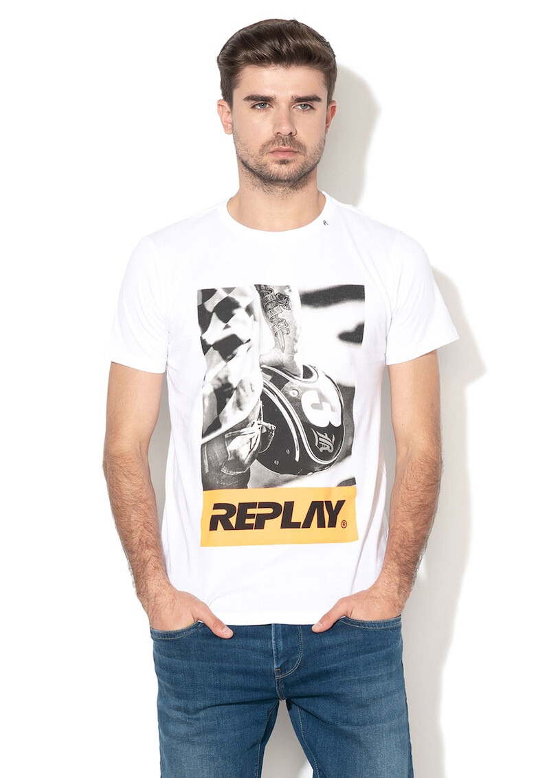 Replay Tricou cu imprimeu grafic si decolteu la baza gatului - Pled.ro