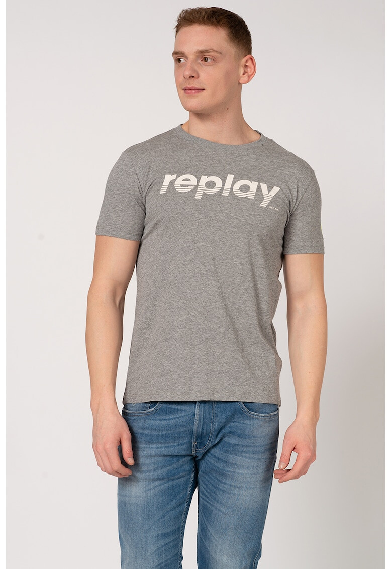 Replay Tricou din bumbac cu decolteu la baza gatului si imprimeu logo - Pled.ro