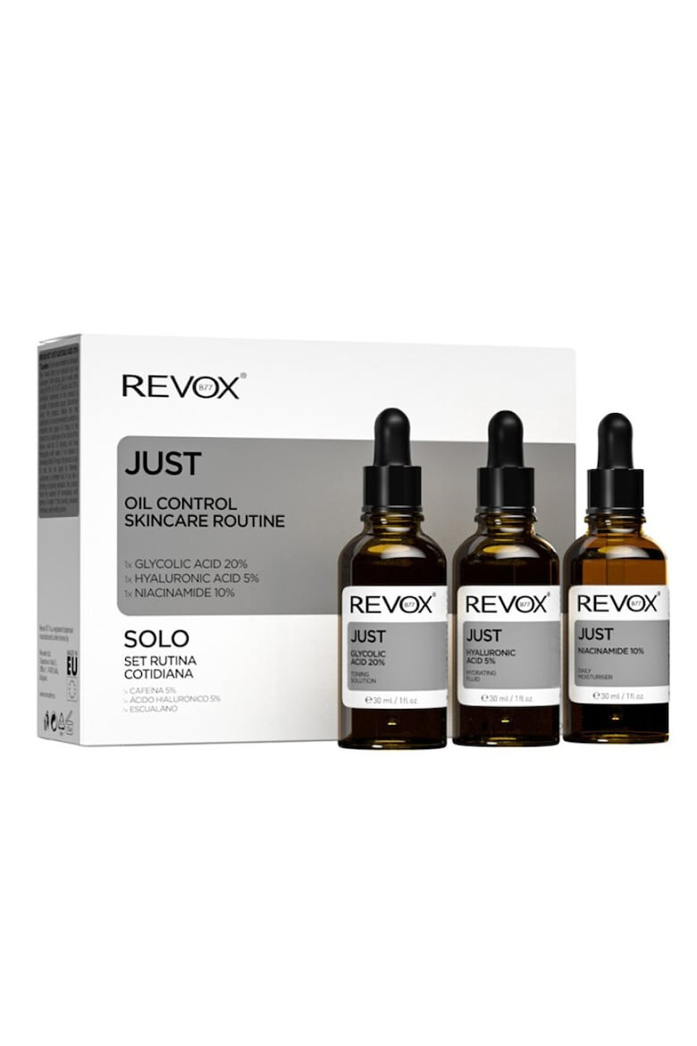 Revox Set ingrijire ten Just Oil Control Skincare Routine contine: Serum Acid glicolic 20 % 30 ml + Serum Acid hialuronic 5 % 30 ml + Serum Niacinamide 10 % 30 ml - Pled.ro