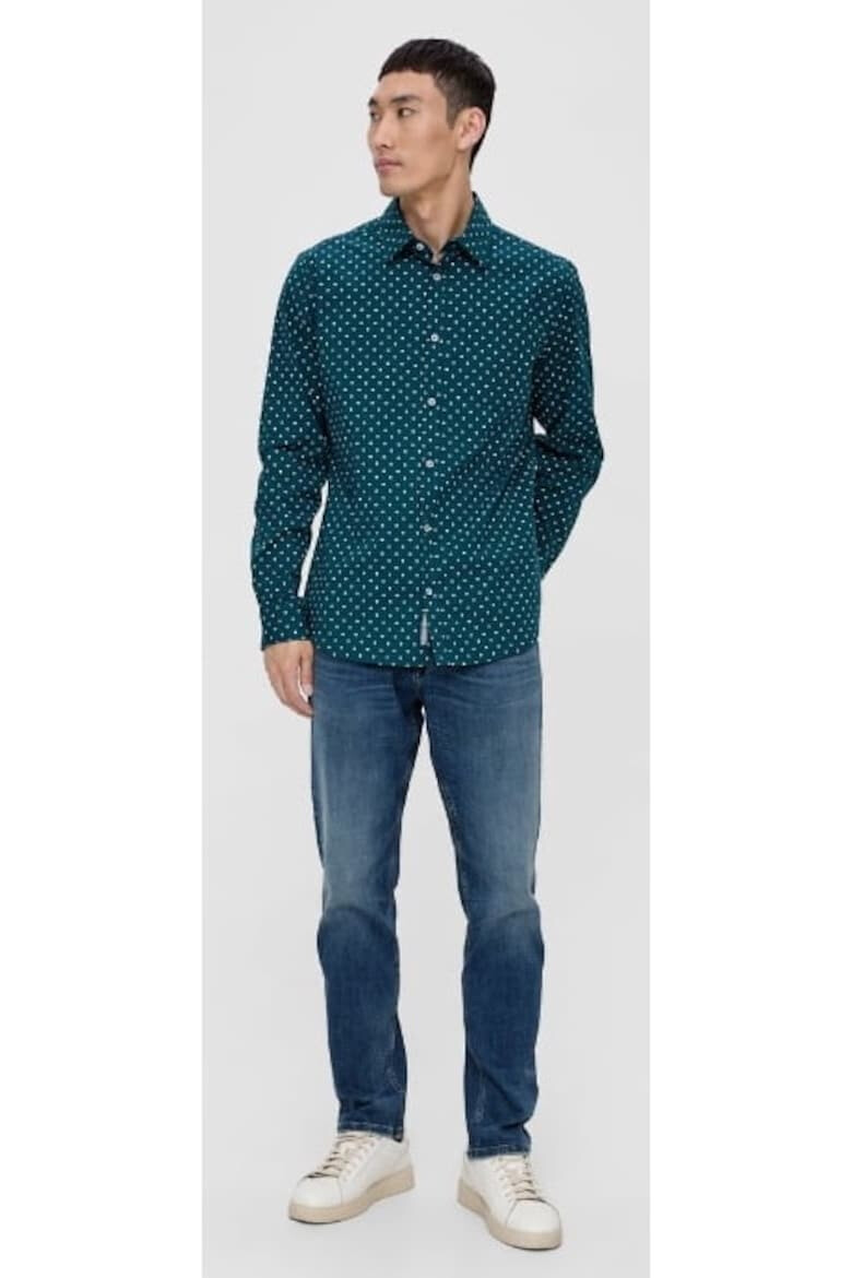 s.Oliver Camasa barbati cu maneca lunga si imprimeu cu puncte croiala Slim fit Verde inchis - Pled.ro