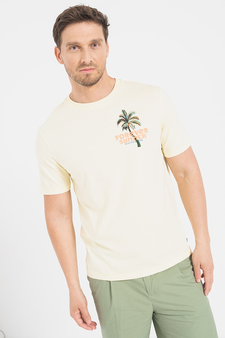 Scotch & Soda Tricou de bumbac organic cu imprimeu tropical si text - Pled.ro