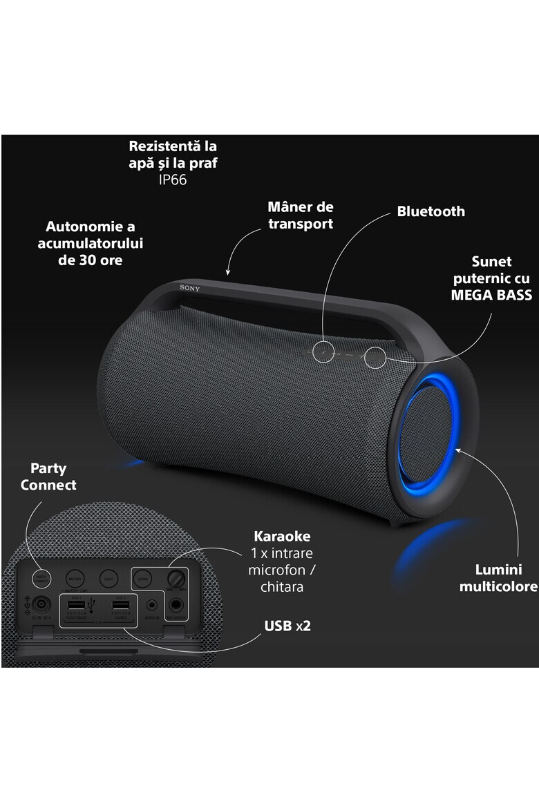 Sony Boxa portabila SRS-XG500 MEGA BASS Bluetooth LDAC Wireless IP66 Party Connect Autonomie de 30 ore Negru - Pled.ro