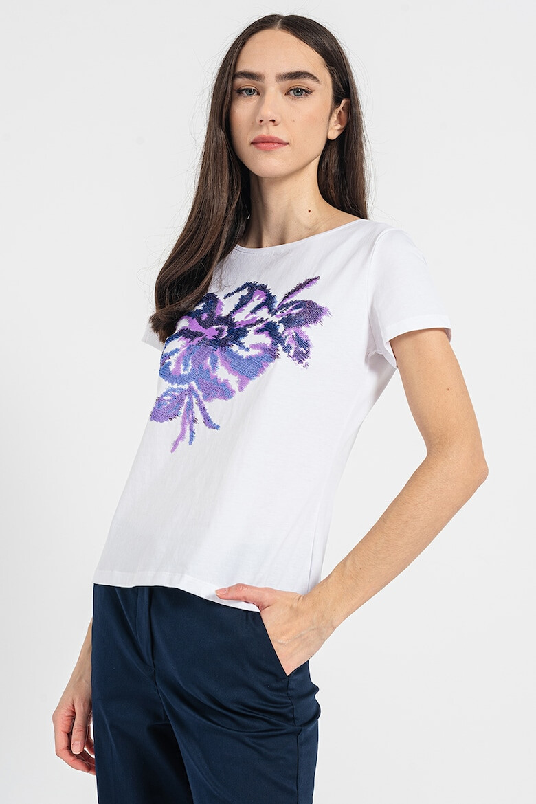 Stefanel Tricou de bumbac cu aplicatii de paiete cu model floral - Pled.ro