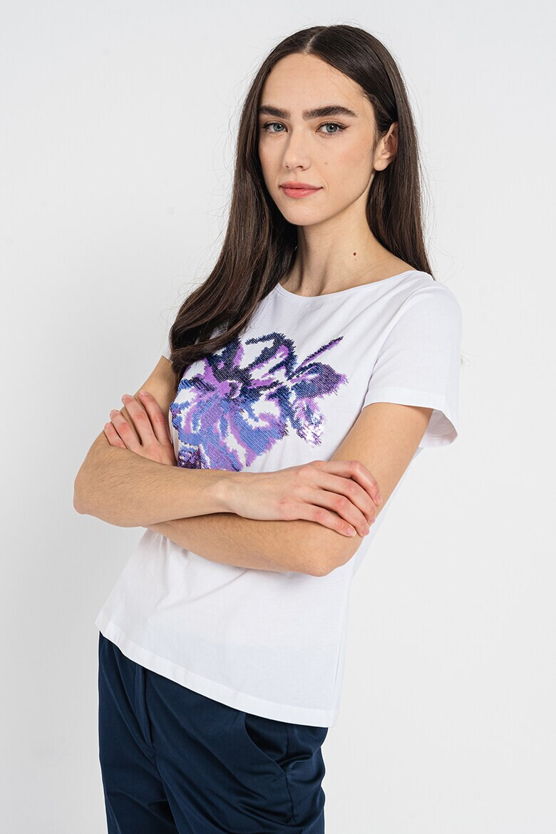 Stefanel Tricou de bumbac cu aplicatii de paiete cu model floral - Pled.ro