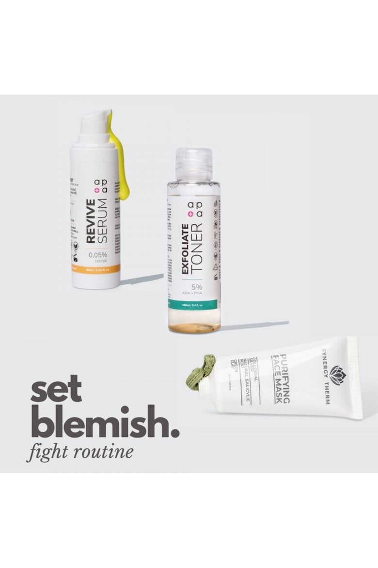 Synergy Therm Set Blemish Fight Routine Toner exfoliant 100 ml Masca Faciala 50 ml Serum Revive Retinal 0.05% 30 ml - Pled.ro