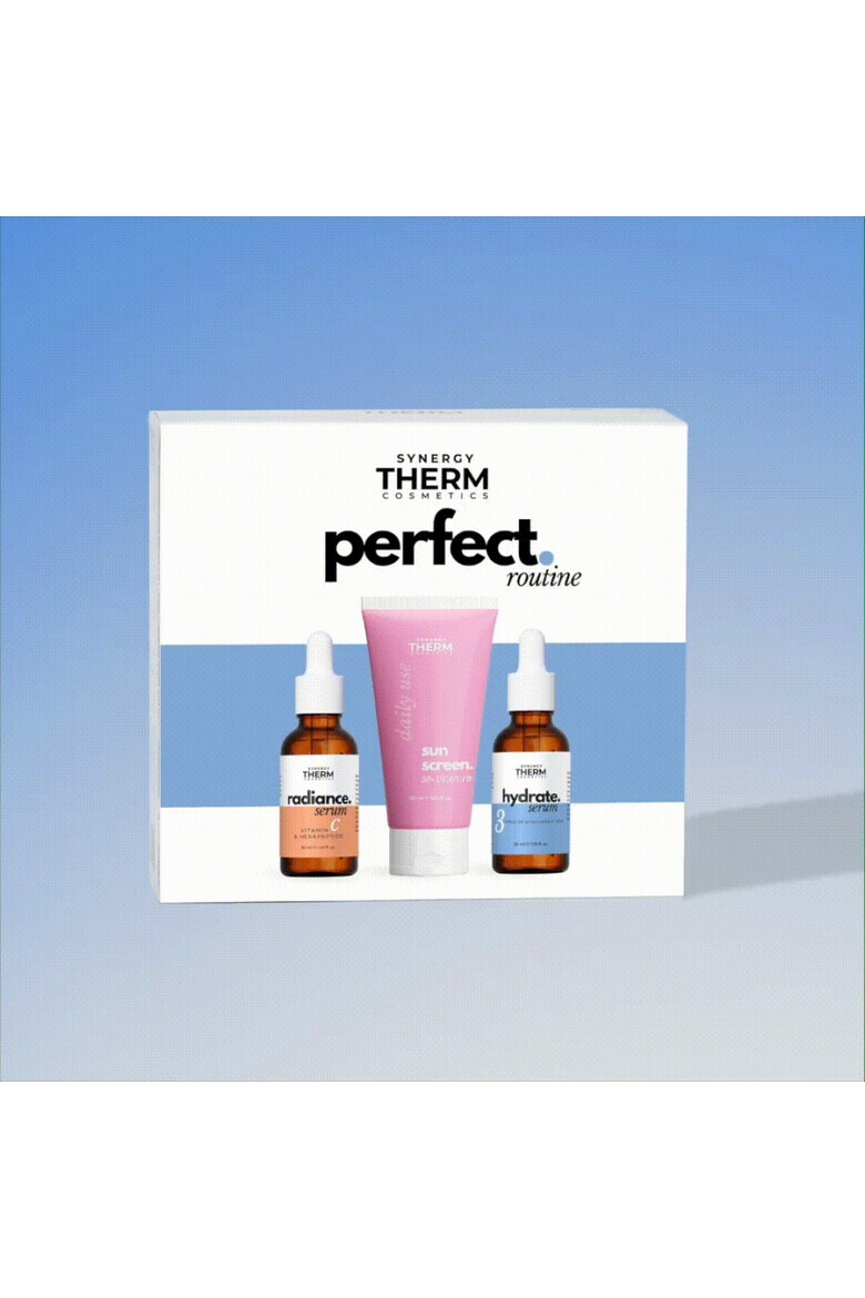 Synergy Therm Set Perfect Routine Ser Radiance Vitamina C Lipozomala 30 ml Ser Hidratant Acid Hialuronic 30 ml Crema Crema solara pentru utilizare zilnica SPF 50+ 50 ml - Pled.ro