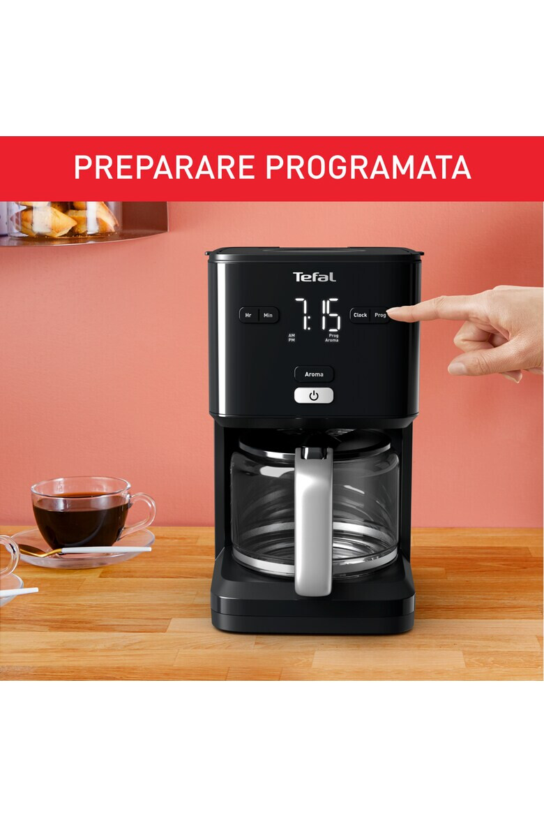 Tefal Cafetiera Smart'n Light 1000W 1.25 l ecran digital functie auto OFF sistem antipicurare carafa sticla functie mentinere la cald suport filtru detasabil negru - Pled.ro