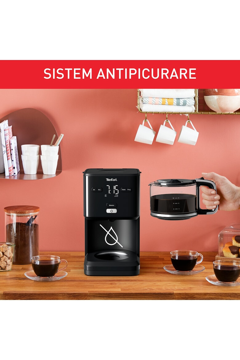 Tefal Cafetiera Smart'n Light 1000W 1.25 l ecran digital functie auto OFF sistem antipicurare carafa sticla functie mentinere la cald suport filtru detasabil negru - Pled.ro