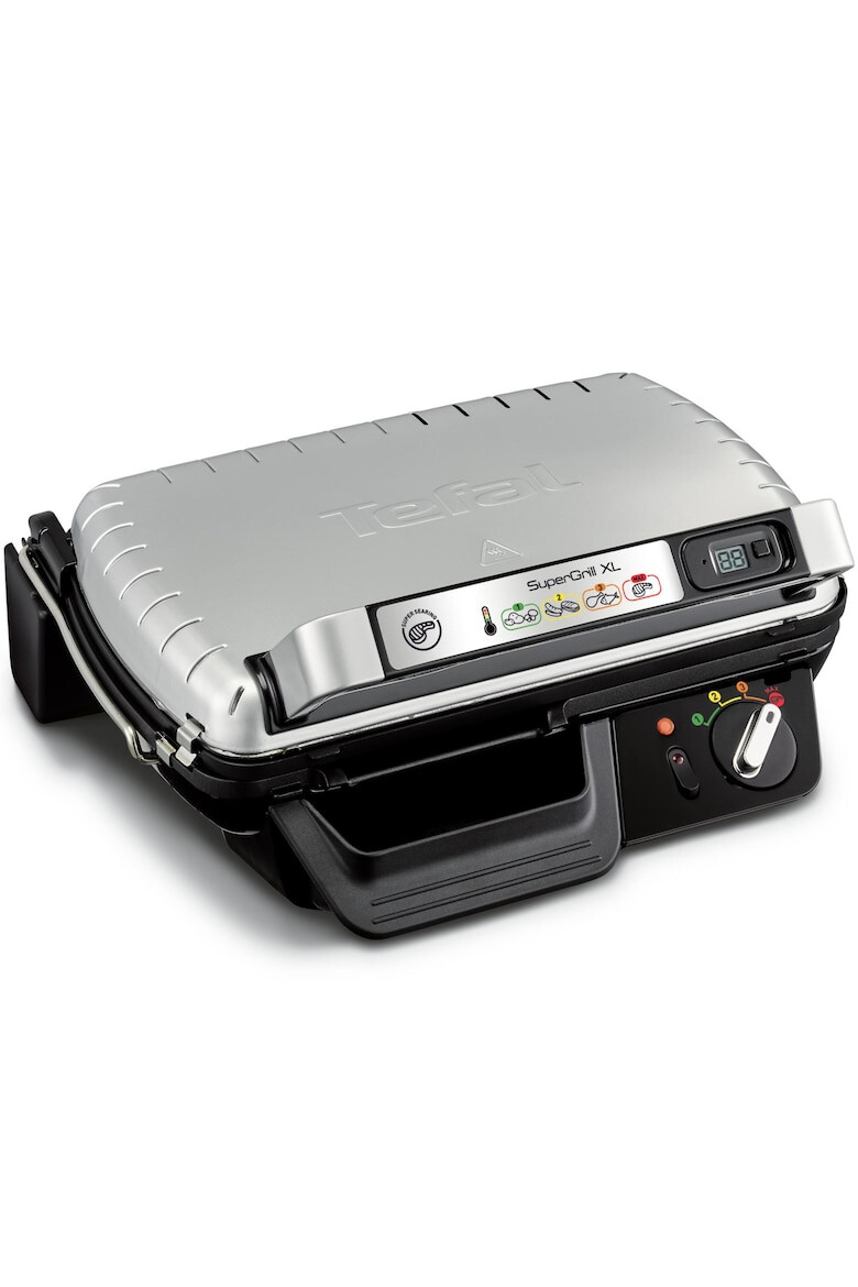 Tefal Gratar electric Supergrill XL 2400 W termostat cu 4 pozitii cronometru detasabil pozitie gratar sau grill deschidere la 180° indicator led Gri - Pled.ro