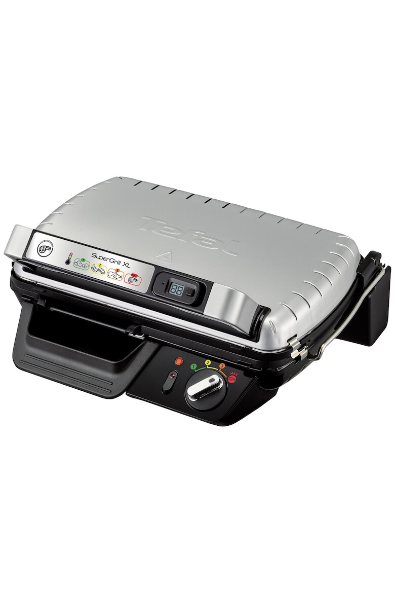 Tefal Gratar electric Supergrill XL 2400 W termostat cu 4 pozitii cronometru detasabil pozitie gratar sau grill deschidere la 180° indicator led Gri - Pled.ro