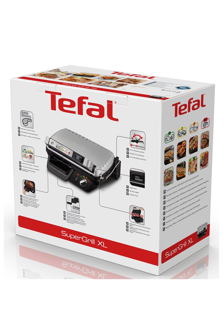 Tefal Gratar electric Supergrill XL 2400 W termostat cu 4 pozitii cronometru detasabil pozitie gratar sau grill deschidere la 180° indicator led Gri - Pled.ro