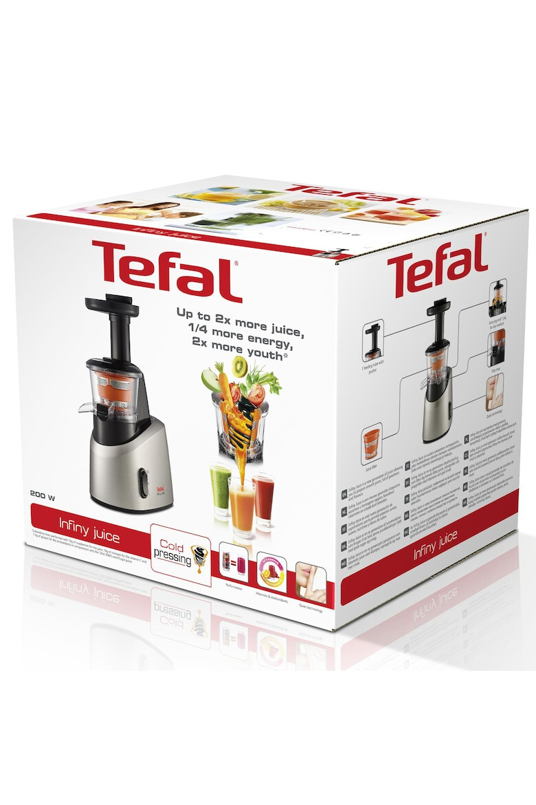 Tefal Storcator de fructe si legume Infiny Juice ZC255 200 W Recipient suc 0.8 l Recipient pulpa 0.8 l1 viteza Functie Reverse Negru/Inox - Pled.ro