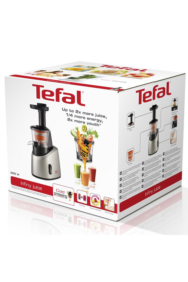 Tefal Storcator de fructe si legume Infiny Juice ZC255 200 W Recipient suc 0.8 l Recipient pulpa 0.8 l1 viteza Functie Reverse Negru/Inox - Pled.ro