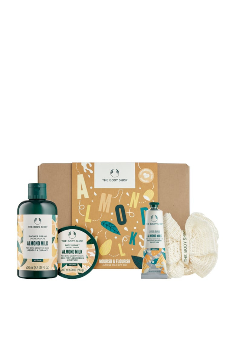 The Body Shop Set Nourish & Flourish Almond Milk Crema de dus cu lapte de migdale 250ml+Iaurt de corp cu lapte de migdale 200ml+Balsam de maini cu lapte de migdale 30ml+Mini burete de baie - Pled.ro