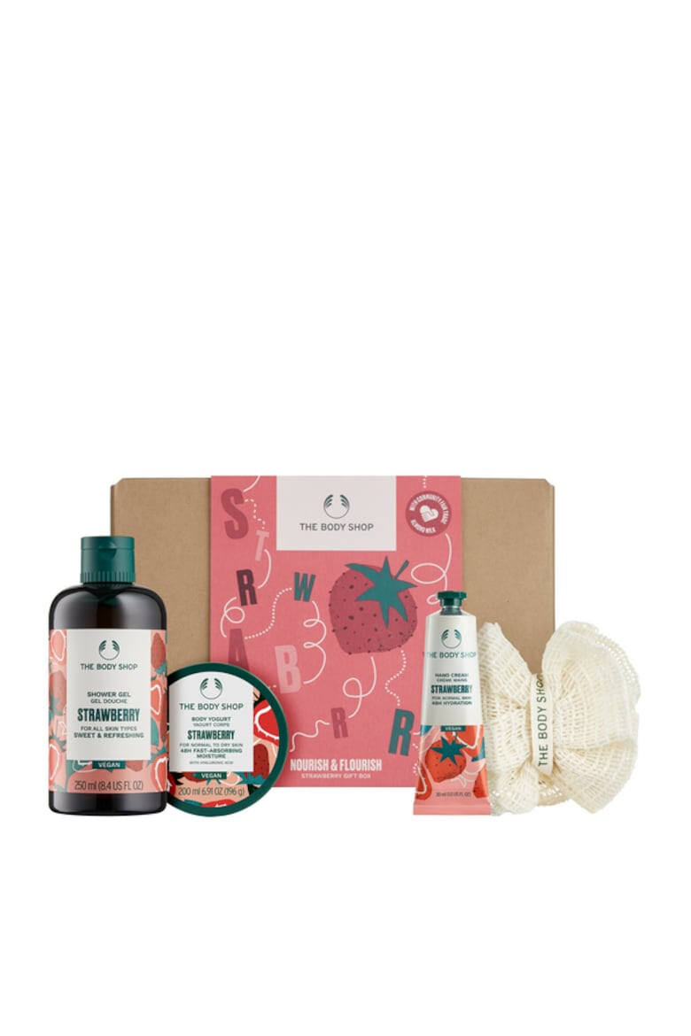 The Body Shop Set Nourish & Flourish Strawberry Gel de dus Strawberry 250ml+Iaurt de corp Strawberry 200ml+Crema de maini Strawberry 30ml+Mini burete de baie - Pled.ro