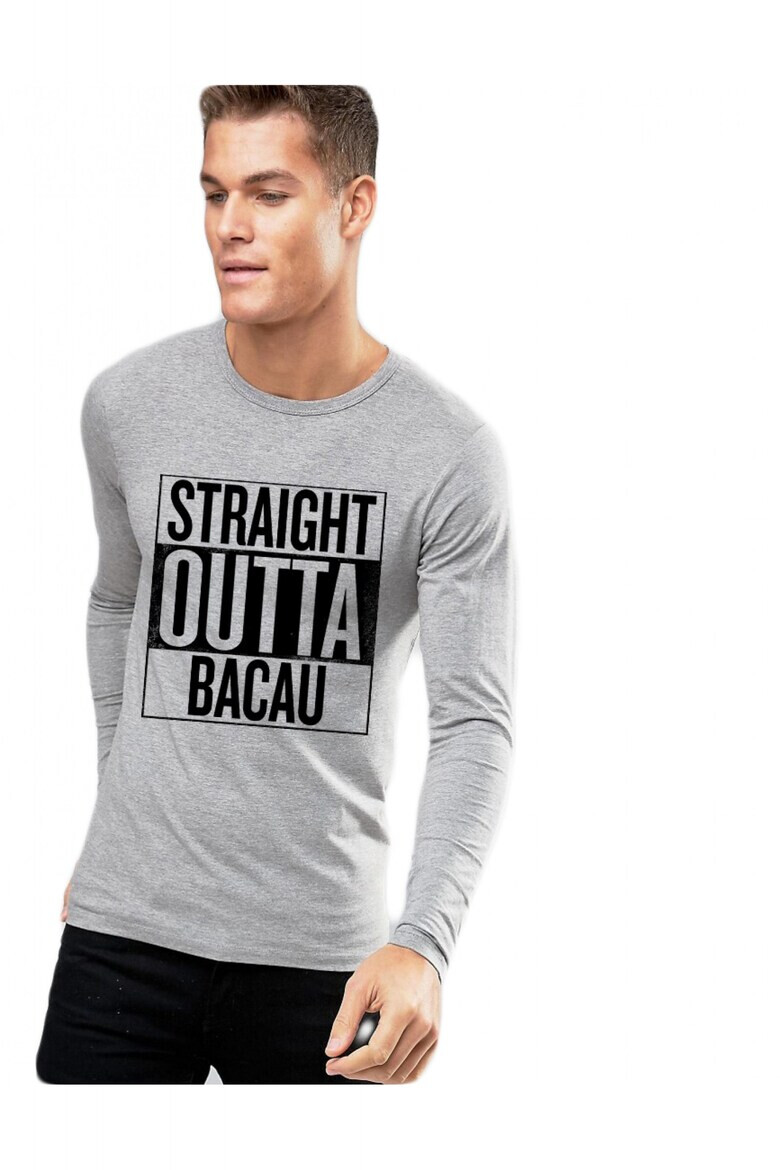 THEICONIC Bluza barbati gri cu text negru - Straight Outta Bacau - Pled.ro