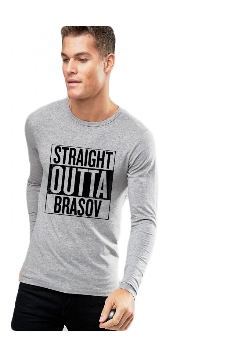 THEICONIC Bluza barbati gri cu text negru - Straight Outta Brasov - Pled.ro