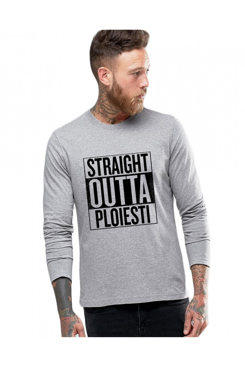 THEICONIC Bluza barbati gri cu text negru - Straight Outta Ploiesti - Pled.ro