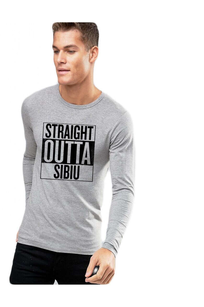 THEICONIC Bluza barbati gri cu text negru - Straight Outta Sibiu - Pled.ro