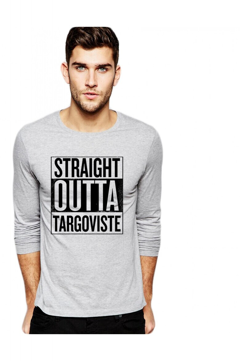 THEICONIC Bluza barbati gri cu text negru - Straight Outta Targoviste - Pled.ro