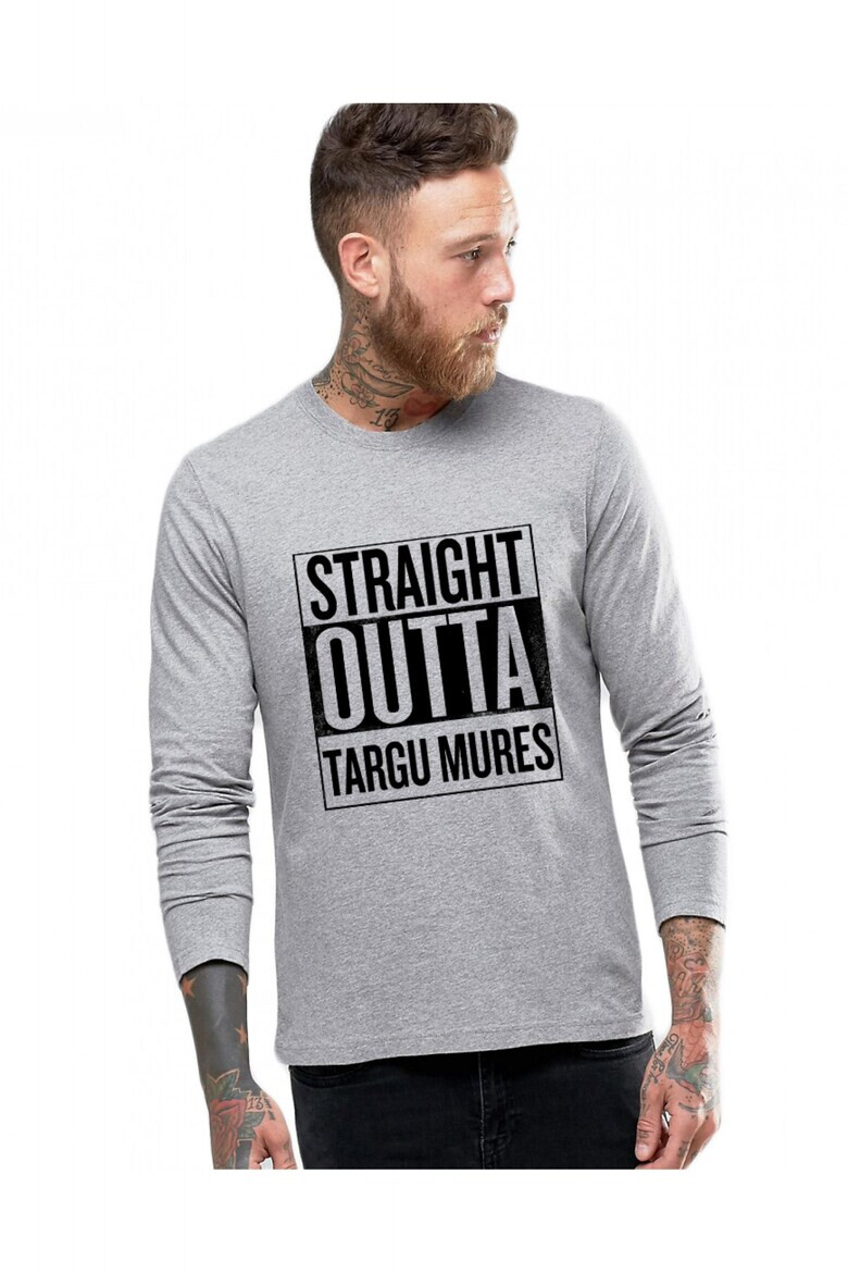 THEICONIC Bluza barbati gri cu text negru - Straight Outta Targu Mures - Pled.ro